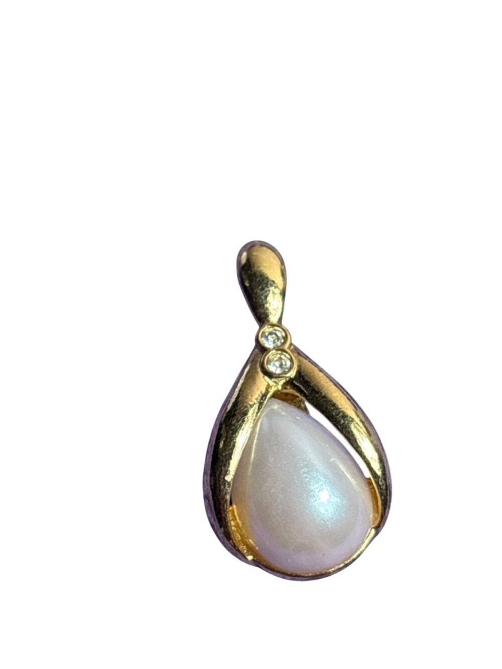 Vintage Avon Goldtone Faux Pearl Cabochon Pendant Clear Rhinestones 1 inch